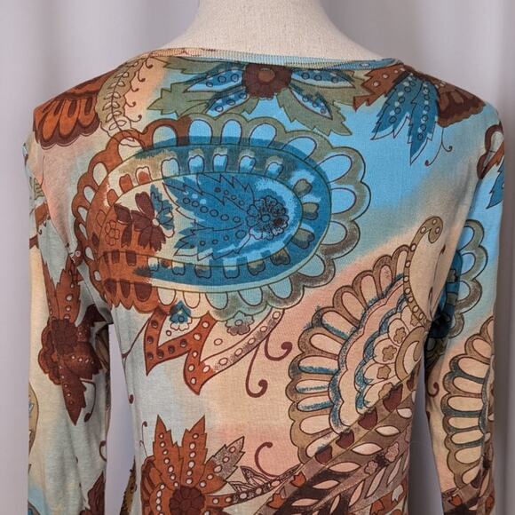 Y2K Forbidden 3/4 Sleeve V-Neck Velvet Trim Beaded Top Tan and Blue Size Medium - Picture 11 of 12